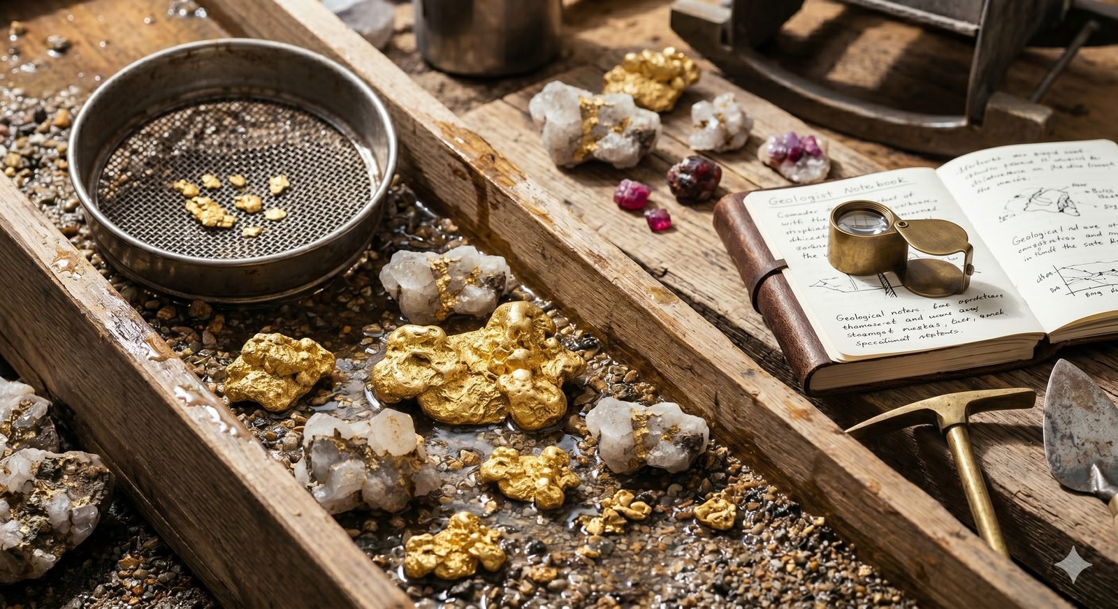 Mesa de geólogo con oro, batea y libreta de campo