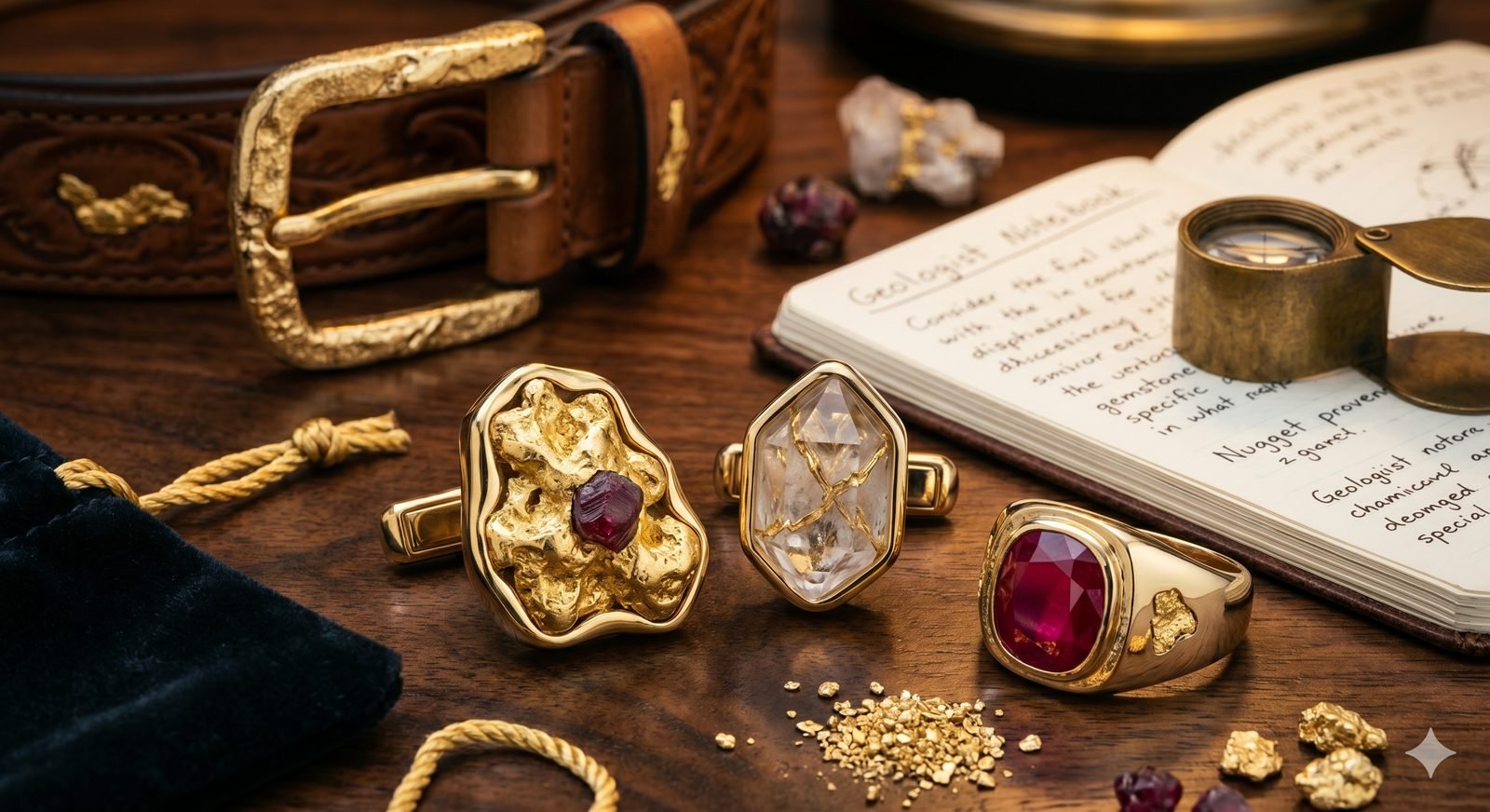 Anillos de oro y piedras preciosas sobre libreta de geólogo